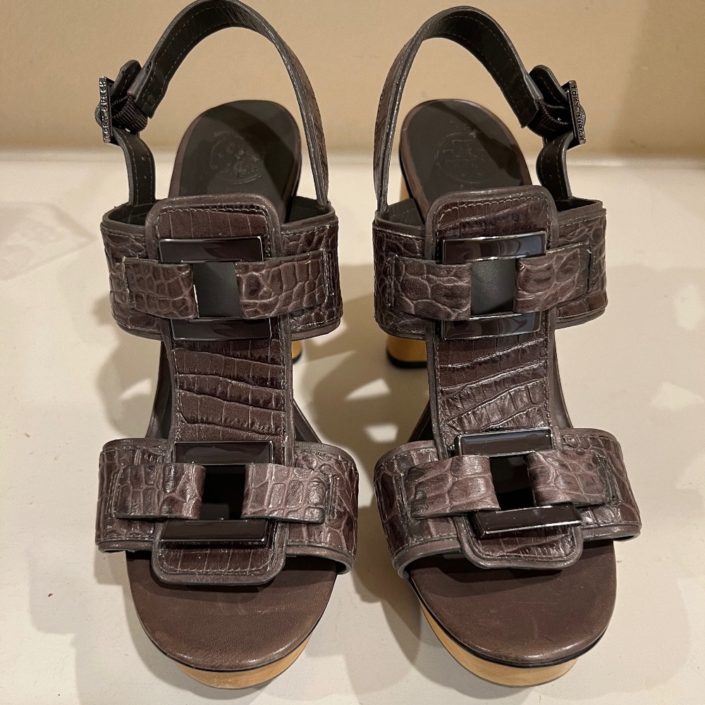 Tory Burch platform sandals brown croc embossed leather size 11